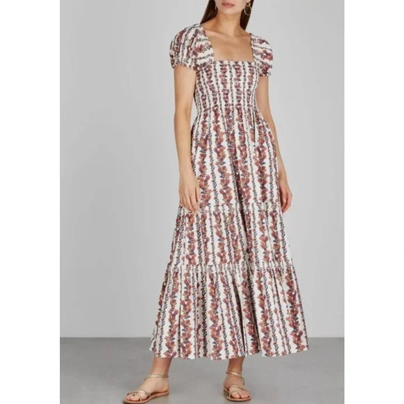 Anthropologie | Dresses | Anthropologie Opt Daphnie Vine Smocked Neck Midi  Dress Xs Tier Puff Floral Boho | Poshmark